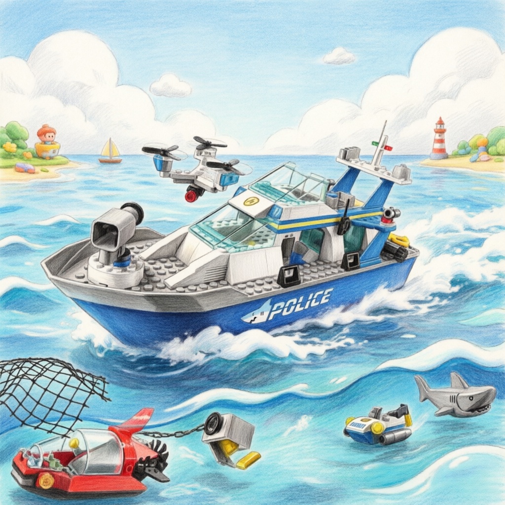 Lego Set Creator - ชุดตัวต่อซิตี้ซีรีส์ เรือตรวจการณ์ตำรวจจับปลาในทะเล ชุดตัวต่อเมือง เรือตำรวจ โมเดลของเล่น DIY
