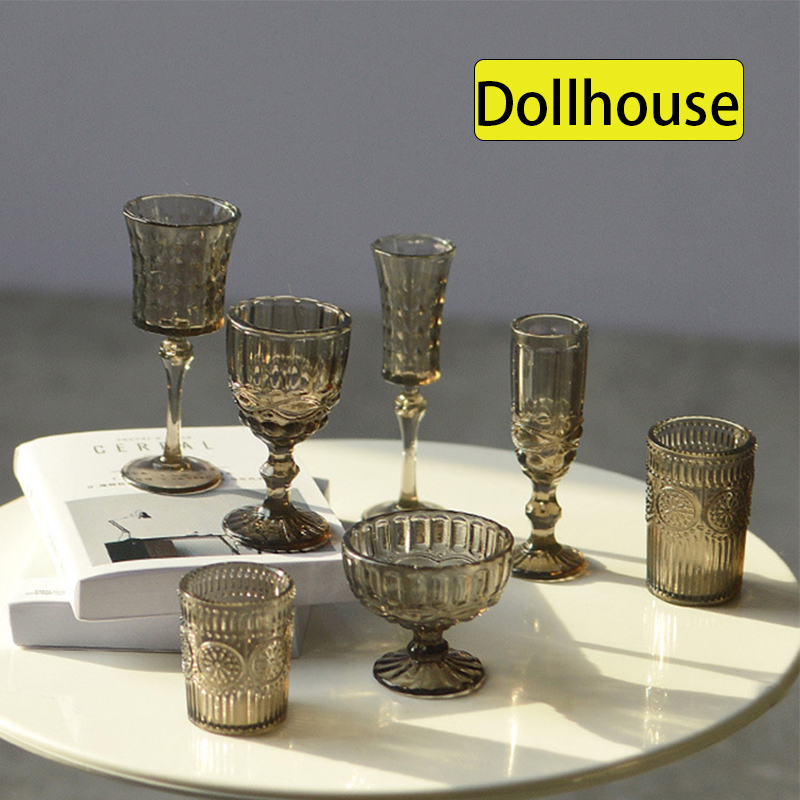 Dollhouse Furniture Set - ชุดแก้วน้ำจิ๋ว 7 ชิ้น/ชุด ขนาด 1:6 แก้วไวน์แกะสลัก