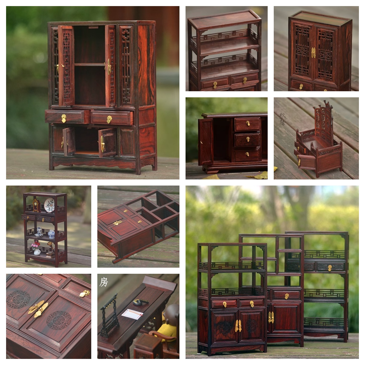 Dollhouse Furniture Set - สไตล์จีนโบราณตุ๊กตาจิ๋วเฟอร์นิเจอร์ชุด-แกะสลักประณีตตู้เสื้อผ้า,ตู้หนังสือ,Dresser, Study Desk Home Decor