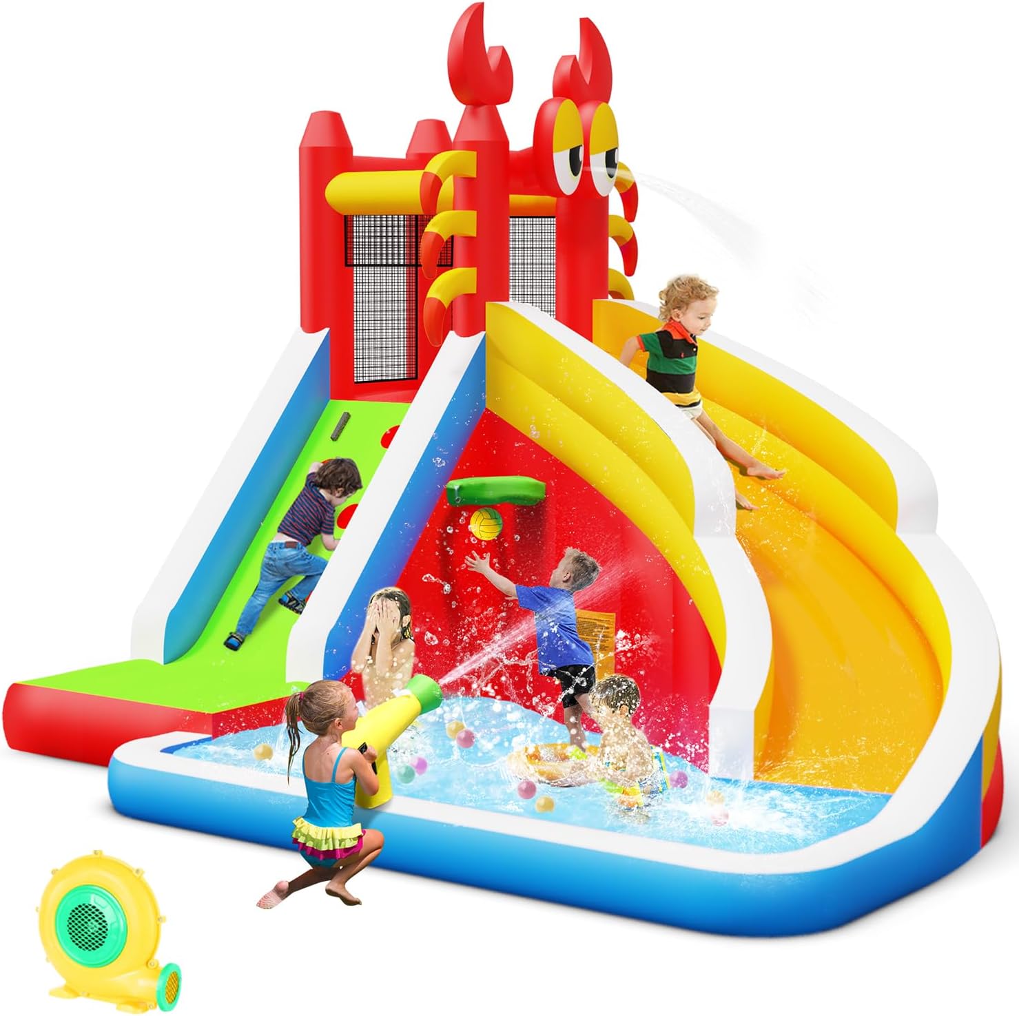 Basketball Hoop Kids Indoor - บ้านลมเป่าลมขนาดใหญ่พร้อมสไลเดอร์น้ำสำหรับเด็ก - ประกอบด้วยสระน้ำเล่น, ผนังปีนป่าย, ห่วงบาสเก็ตบอล และปืนฉีดน้ำสำหรับงานปาร์ตี้ในร่ม/กลางแจ้ง